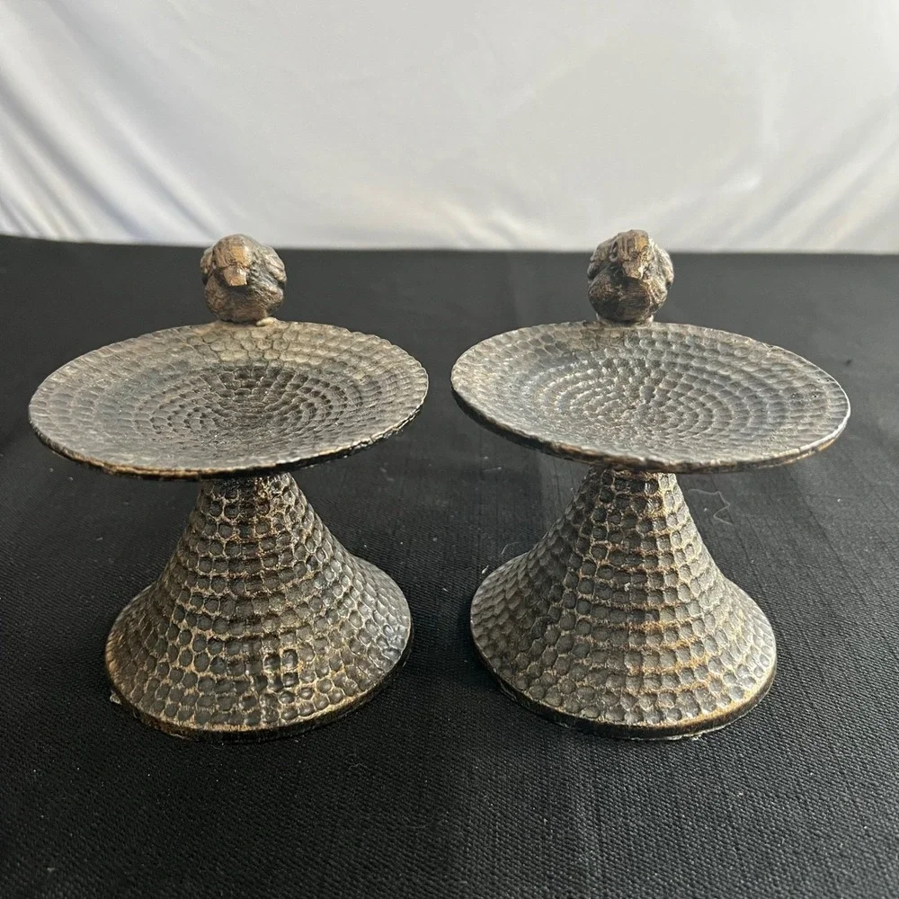Set of 2 Hammered Bronze Cast Iron Bird Pedestal Candle Holders Rustic Decor